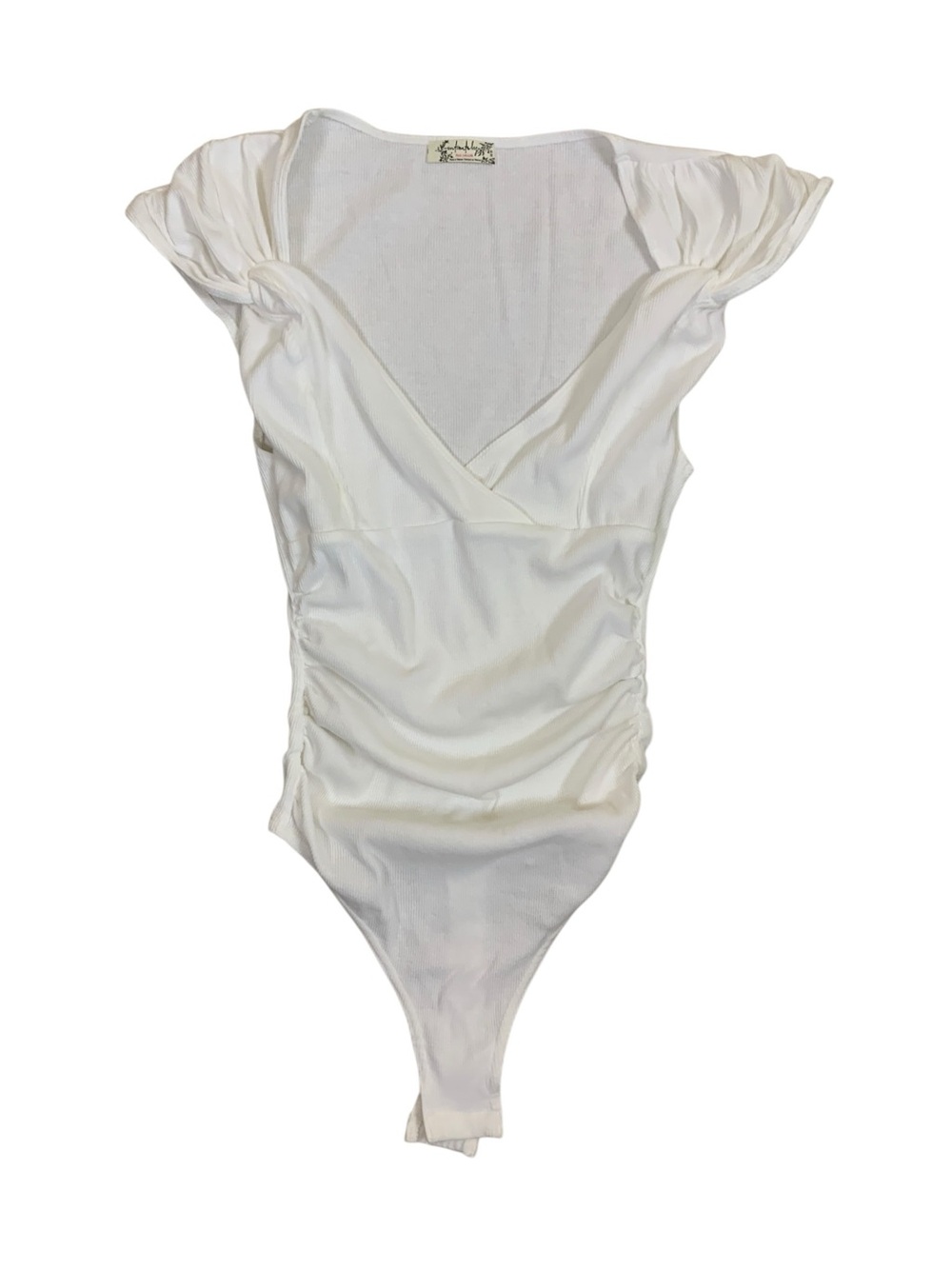 Free People Intimately White Surplice Cap‎ Sleeve Ruched Thong Bodysuit XS
